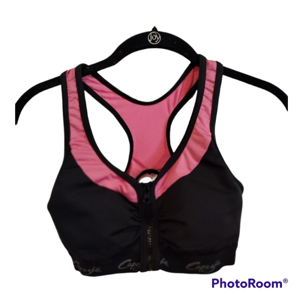 Capezio pink and black front zip racer‎ back dance sports bra